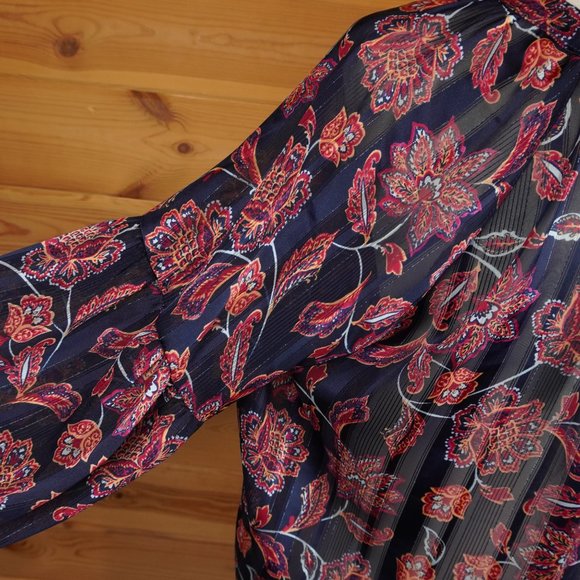 Democracy‎ Black Sheer Red Floral Button Up Top Balloon Sleeves Size Medium - Picture 7 of 10